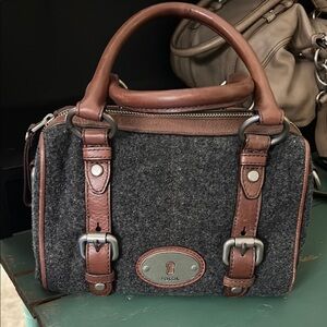 Fossil  Grey Wool and Leather Duffel Bag
